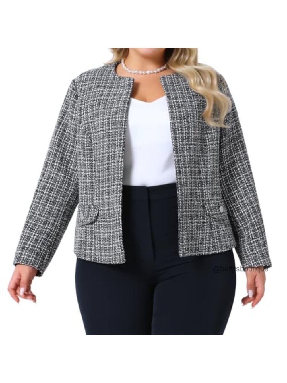 Agnes Orinda Plus Size Tweed Blazer Collarless Open Front Work Jacket